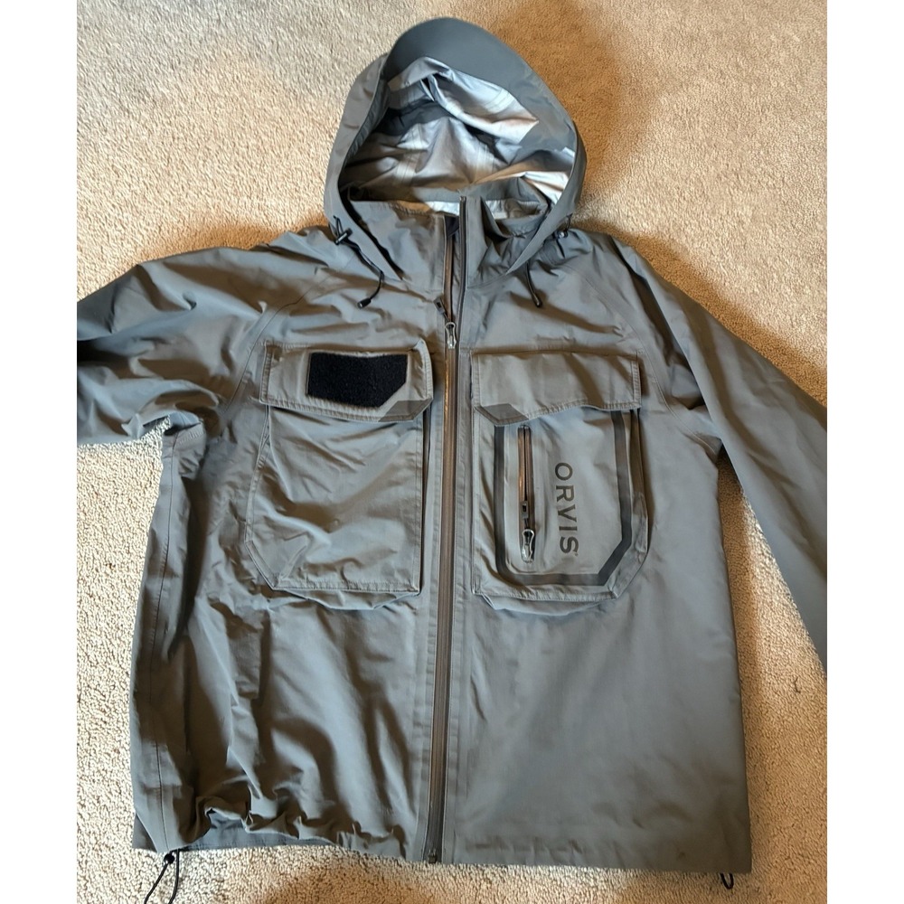Orvis Mens Gray Nylon Hooded Wading Fishing Jacket Full Zip Pockets Sz M